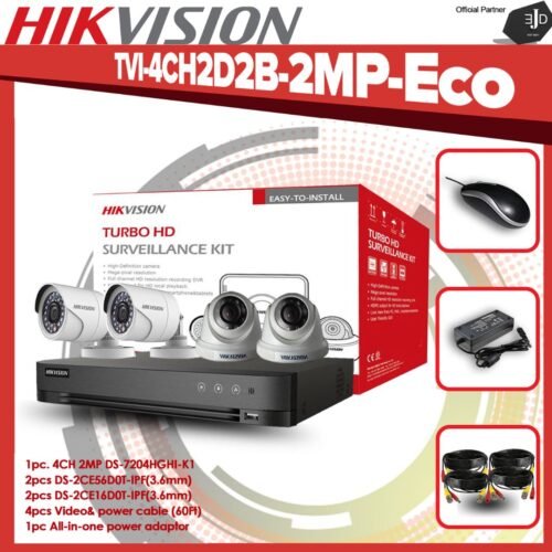 TVI-4CH 2B-2MP-ECO KIT – 4CH HD-TVI DVR with 2×2MP Bullet Cameras, Night Vision, Motion Detection & Remote Viewing for Home & Business Security