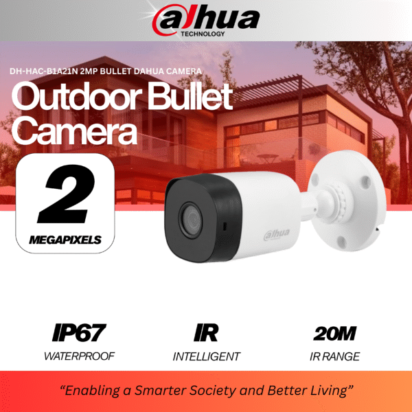 Dahua DH-HAC-B1A21N 2MP HDCVI Bullet Camera – 1080p Full HD, IR Night Vision 20m, Smart IR, 4-in-1 Output (CVI/TVI/AHD/CVBS), IP67 Weatherproof, Compact Design, Reliable Outdoor CCTV Security