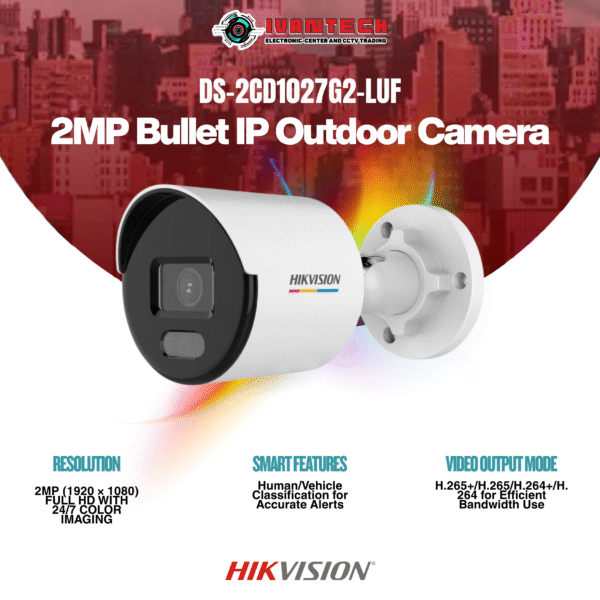 Hikvision DS-2CD1027G2-LUF 2MP Bullet IP Camera – Full HD ColorVu, Built-in Microphone, 24/7 Color Imaging, H.265+ Compression, WDR, Motion Detection, IP67 Weatherproof for Indoor/Outdoor Surveillance