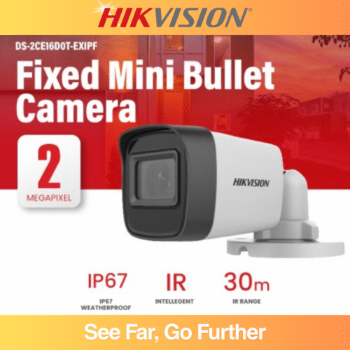 Hikvision DS-2CE16D0T-EXIPF 2MP HD Bullet Camera – 1080p Resolution, EXIR 2.0 Night Vision up to 20m, Smart IR, 4-in-1 Output (TVI/AHD/CVI/CVBS), IP67 Weatherproof, Multiple Lens Options, Outdoor CCTV