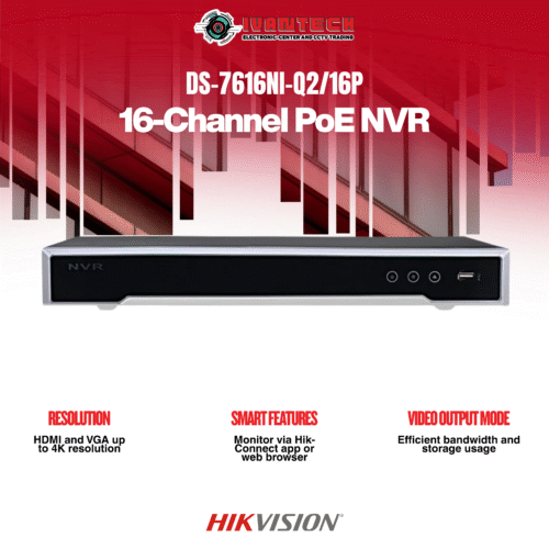 Hikvision DS-7616NI-Q2/16P 16-Channel PoE NVR – 4K Ultra HD Recording, H.265+ Compression, Plug & Play PoE, HDMI/VGA Output, Remote Access, Reliable 24/7 Video Management