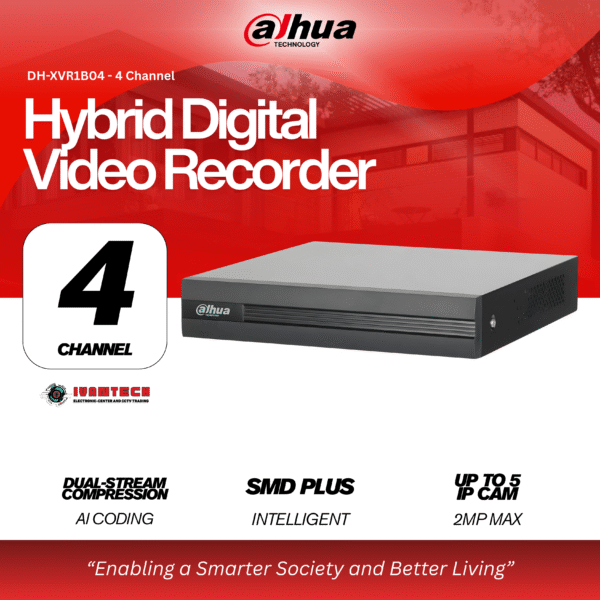 Dahua DH-XVR1B04-I 4-Channel Penta-brid 1080N/720P Cooper 1U DVR – Hybrid Analog + IP, SMD Plus, AI Coding, 1 HDD/SSD, Long-Range Coax Support