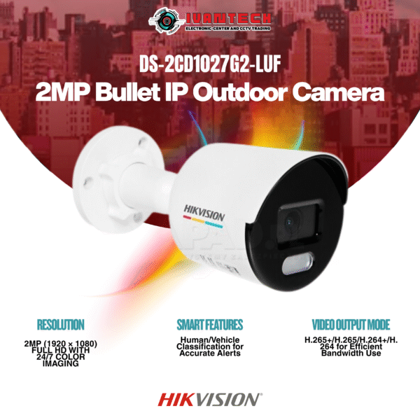 Hikvision DS-2CD1027G2-LUF 2MP Bullet IP Camera – Full HD ColorVu, Built-in Microphone, 24/7 Color Imaging, H.265+ Compression, WDR, Motion Detection, IP67 Weatherproof for Indoor/Outdoor Surveillance - Image 3