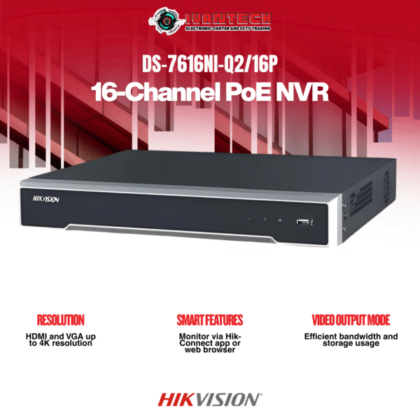 Hikvision DS-7616NI-Q2/16P 16-Channel PoE NVR – 4K Ultra HD Recording, H.265+ Compression, Plug & Play PoE, HDMI/VGA Output, Remote Access, Reliable 24/7 Video Management - Image 2