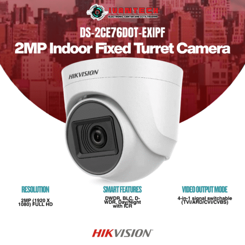 Hikvision DS-2CE76D0T-EXIPF 2MP Dome Camera – 1080p Full HD, EXIR 2.0 Night Vision 30m, Smart IR, 4-in-1 Output (TVI/AHD/CVI/CVBS), IP67 Weatherproof & IK10 Vandal-Proof Housing, Indoor/Outdoor CCTV