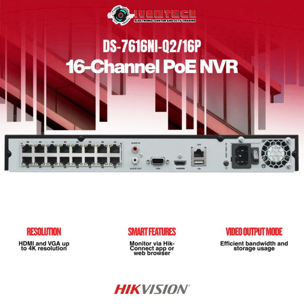 Hikvision DS-7616NI-Q2/16P 16-Channel PoE NVR – 4K Ultra HD Recording, H.265+ Compression, Plug & Play PoE, HDMI/VGA Output, Remote Access, Reliable 24/7 Video Management - Image 3