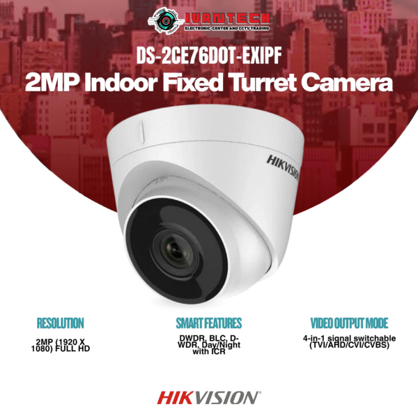 Hikvision DS-2CE76D0T-EXIPF 2MP Dome Camera – 1080p Full HD, EXIR 2.0 Night Vision 30m, Smart IR, 4-in-1 Output (TVI/AHD/CVI/CVBS), IP67 Weatherproof & IK10 Vandal-Proof Housing, Indoor/Outdoor CCTV - Image 3
