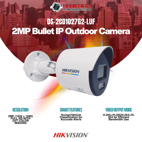 Hikvision DS-2CD1027G2-LUF 2MP Bullet IP Camera – Full HD ColorVu, Built-in Microphone, 24/7 Color Imaging, H.265+ Compression, WDR, Motion Detection, IP67 Weatherproof for Indoor/Outdoor Surveillance - Image 2