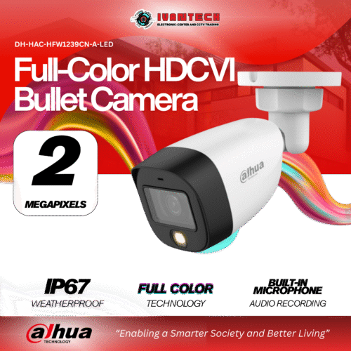 Dahua DH-HAC-HFW1239CN-A-LED 2MP Full-Color HDCVI Bullet Camera – Built-in Mic, LED Illumination, 1080p, 3.6mm Lens, IP67 Weatherproof