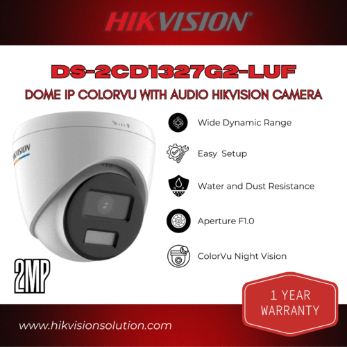 Hikvision DS-2CD1327G2-LUF 2MP Dome IP Camera | ColorVu Full-Color Night Vision, Built-in Microphone, Smart Human & Vehicle Detection, Weatherproof Security CCTV Surveillance with Audio