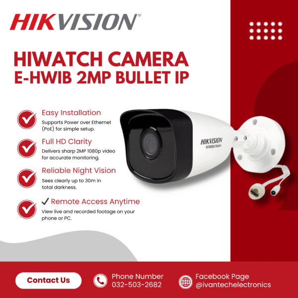 E-HWIB 2MP Bullet IP Hikvision HiWatch Camera | Full HD 1080p, Night Vision, Motion Detection, IP67 Weatherproof, Remote Viewing, Easy PoE Installation for Home & Business Security - Image 2