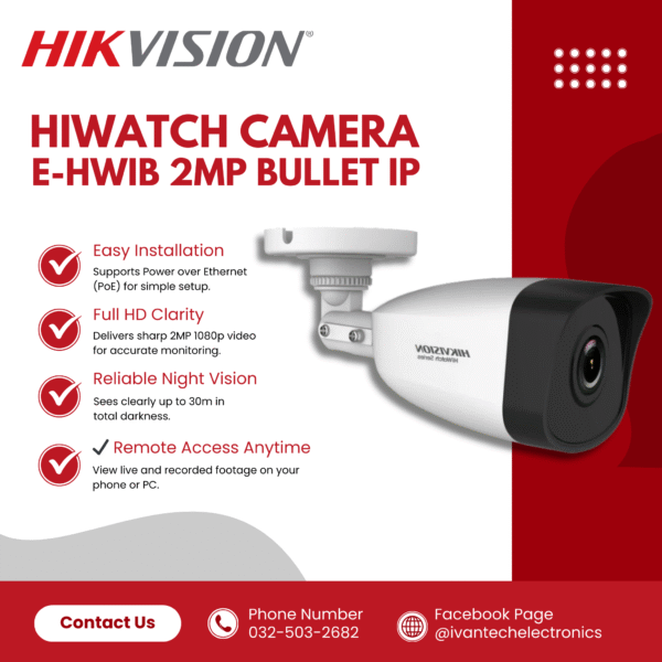 E-HWIB 2MP Bullet IP Hikvision HiWatch Camera | Full HD 1080p, Night Vision, Motion Detection, IP67 Weatherproof, Remote Viewing, Easy PoE Installation for Home & Business Security - Image 3