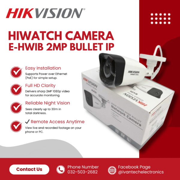 E-HWIB 2MP Bullet IP Hikvision HiWatch Camera | Full HD 1080p, Night Vision, Motion Detection, IP67 Weatherproof, Remote Viewing, Easy PoE Installation for Home & Business Security - Image 4