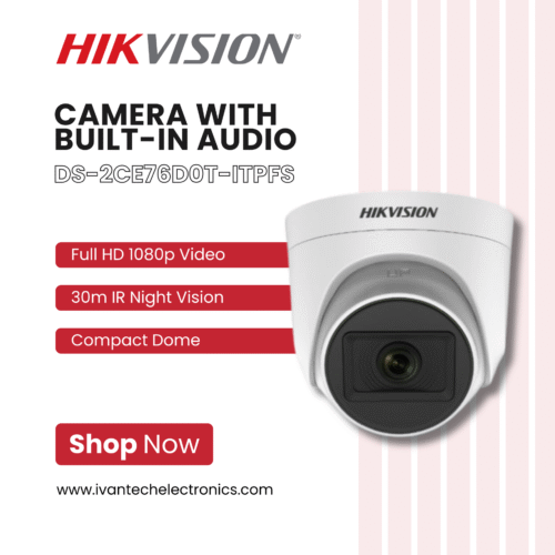DS-2CE76D0T-ITPFS 2MP Dome Hikvision Camera with Built-in Audio | Full HD 1080p, IR Night Vision, IP67 Weatherproof, PoE Support, Motion Detection, Remote Access for Home & Business Security